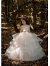 Beaded Ivory Lace Tulle Ruffle Horsehair Hem Flower Girl Dress